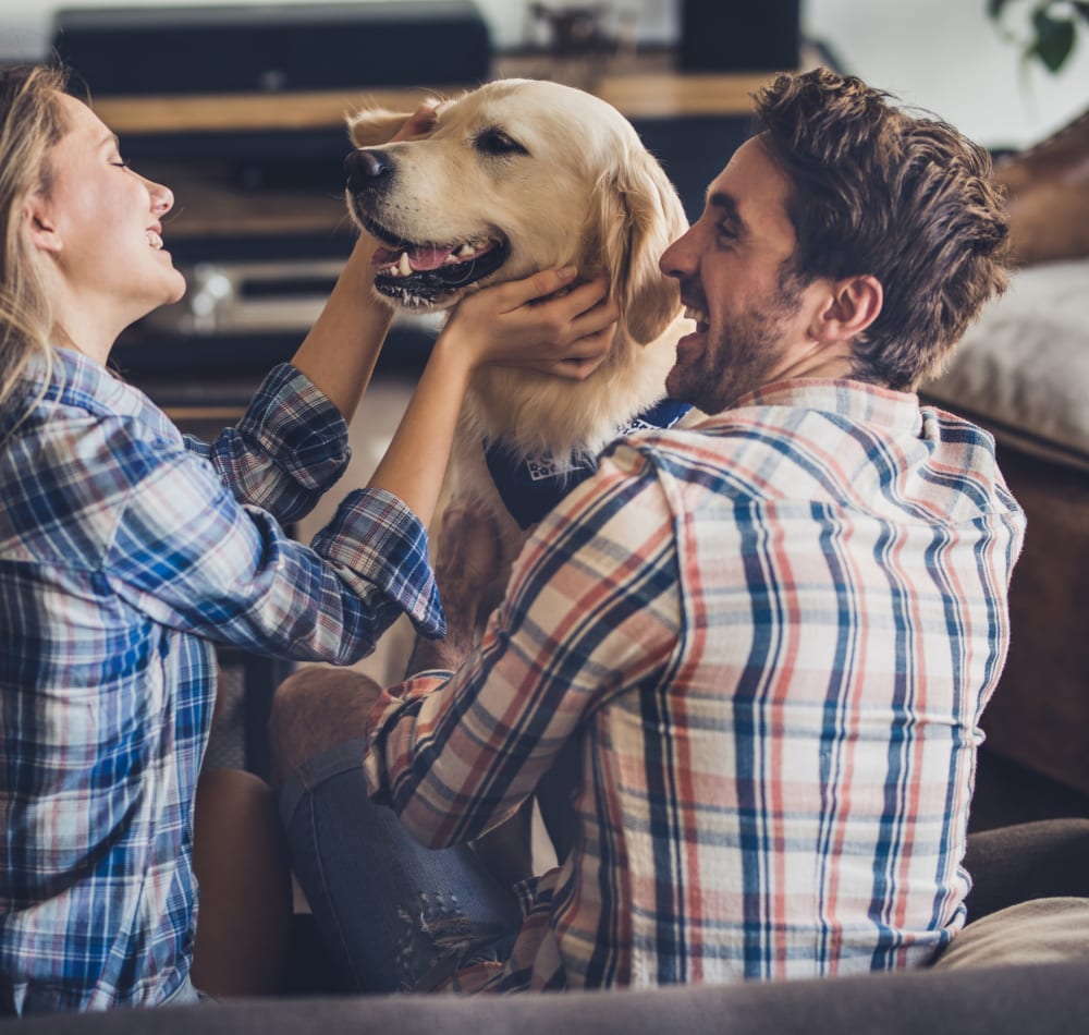 Residents petting their dog on the couch at Terra Apartment Homes in Federal Way, Washington