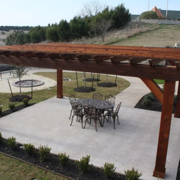 Covered area of the community patio at Quail Park of Granbury in Granbury, Texas