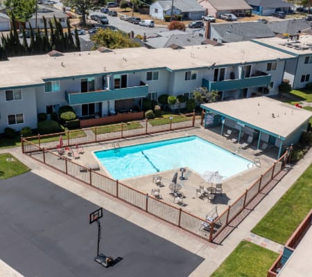 Aerial shot of the community pool at Terrace Garden Apartment Homes in San Leandro, California