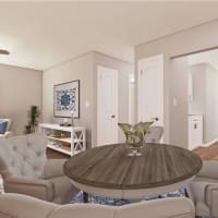 A render of  dining room table and fully-furnished living room at The Lyle in Fort Walton Beach, Florida