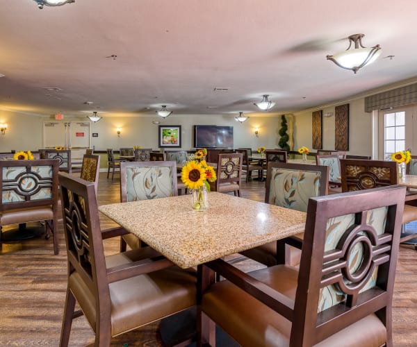 Large indoor dining area at Pacifica Senior Living South Coast in Costa Mesa, California