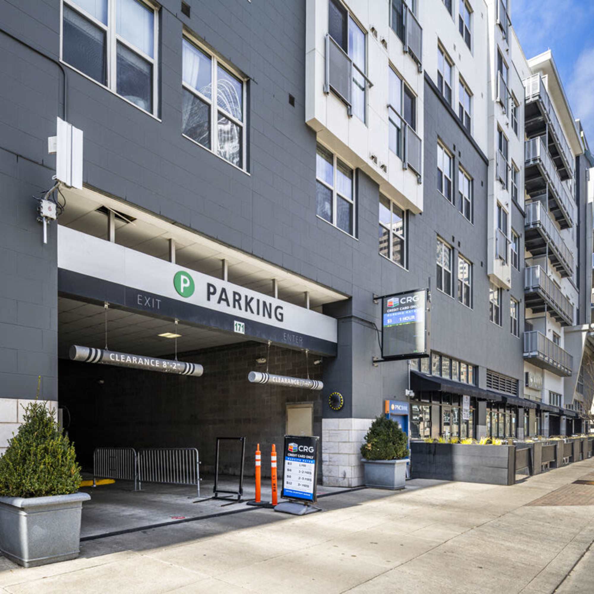 Community parking entrance at Radius at The Banks in Cincinnati, Ohio