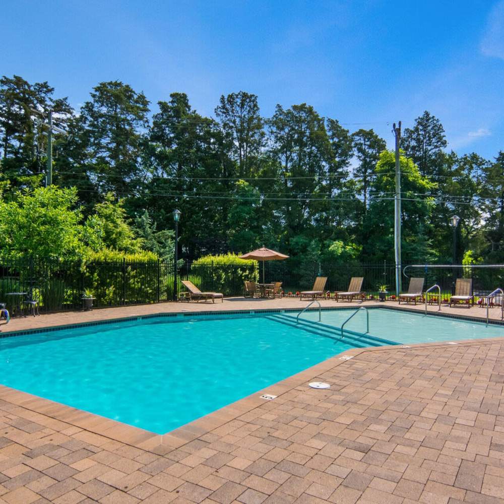 Resort-style pool with lounge chairs at Waverly Place in Louisa, Virginia
