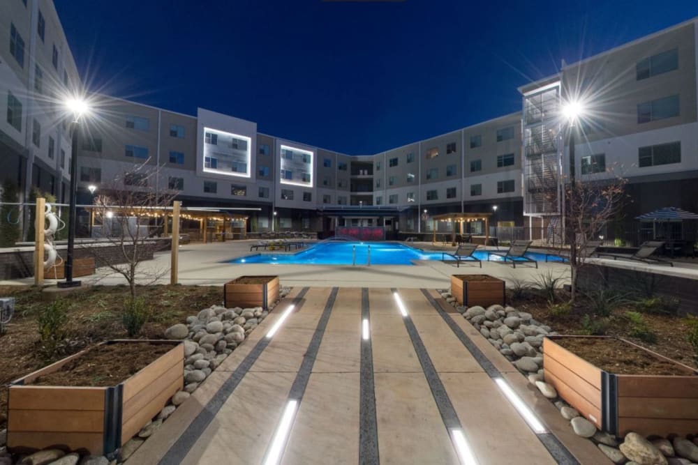 Walkway and garden beds on the way to the pool area at Argon in Oklahoma City, Oklahoma