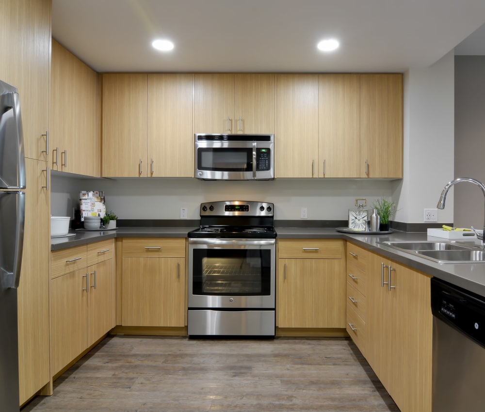 Kitchen with plenty of cabinetry and counter top space at Domus on the Boulevard in Mountain View, California