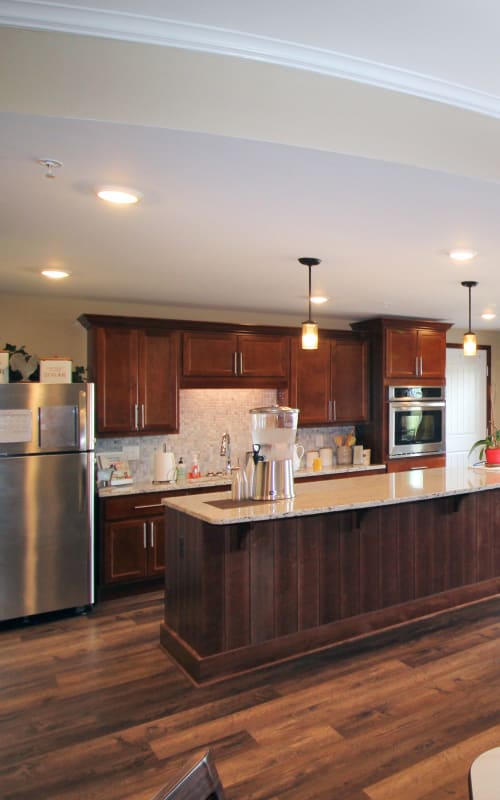 Community kitchen area at The Pillars of Mankato in Mankato, Minnesota