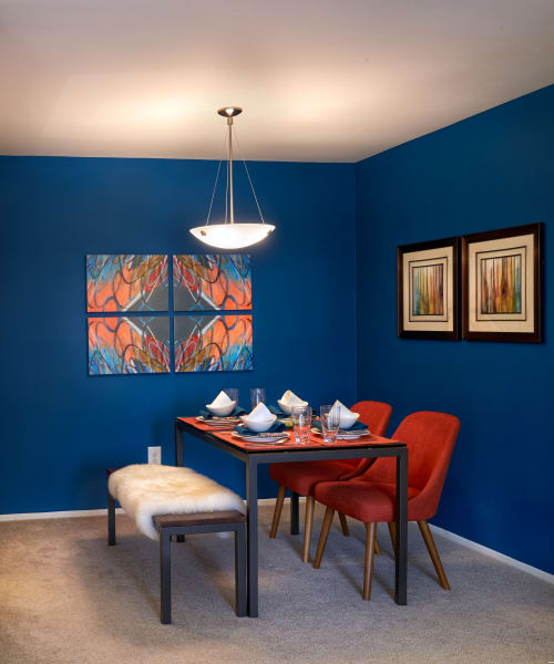 Dining room with blue accent walls at Lakeside Terraces in Sterling Heights, Michigan