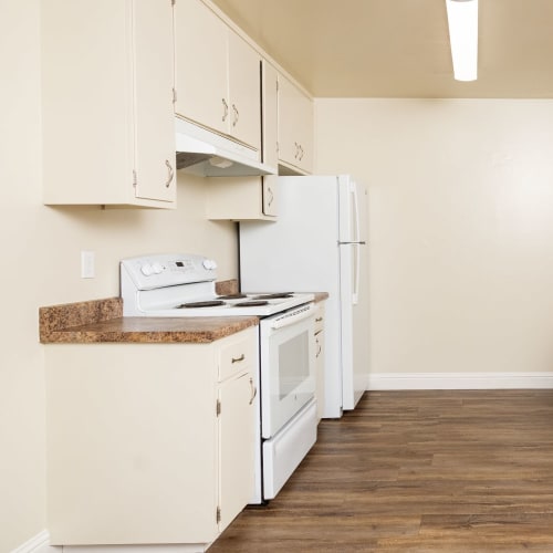 Model kitchen at Marina Plaza Apartments in San Leandro, California