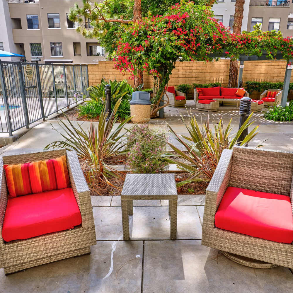 Chairs in outdoor community space at Columbia Tower in San Diego, California