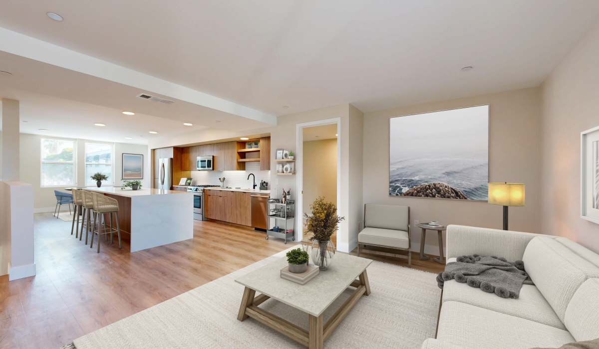 Open kitchen and living room at Prado West in Dana Point,California