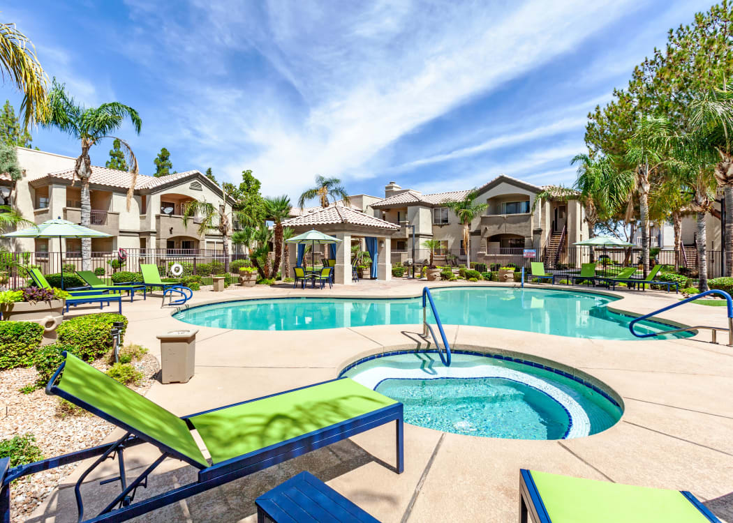 Beautiful swimming pool area at Lumiere Chandler in Chandler, Arizona