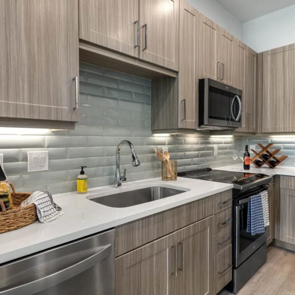 Kitchen with stainless-steel appliances at Luxia Preston, Plano, Texas