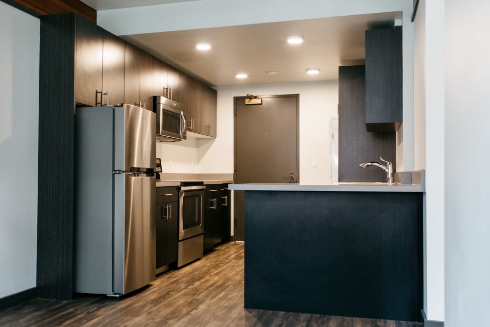 Modern kitchen with stainless steel appliances and wood-style flooring at MOD Apartments in Seattle, Washington