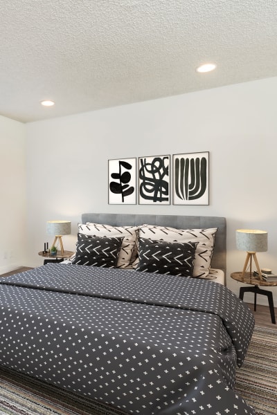 Bedroom with plank flooring at Villa Francisca, West Hollywood, California 