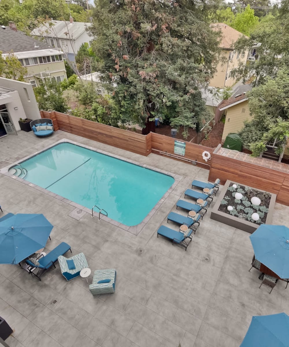 View of the swimming pool area from an upper floor at Mia in Palo Alto, California