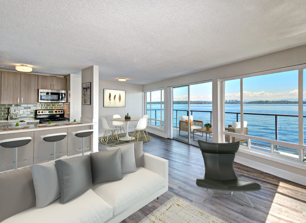 Luxury Kitchen and Living Room View  at Lakefront on Washington in Seattle, Washington