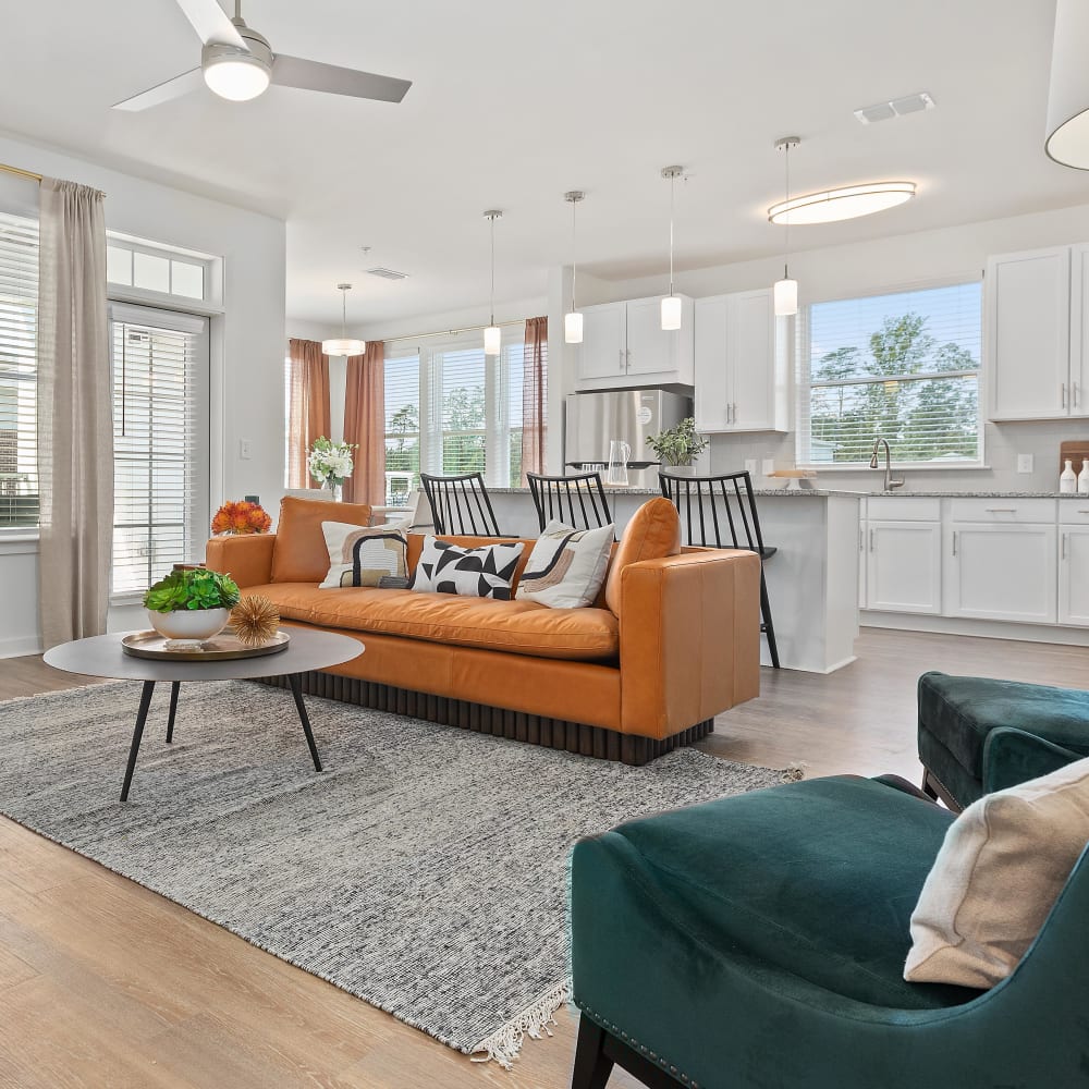 Spacious living area with wood-style flooring at Archer at Brookhill in Charlottesville, Virginia