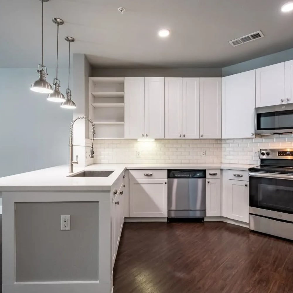 Kitchen with stainless-steel appliances at Luxia Swiss Avenue, Dallas, Texas