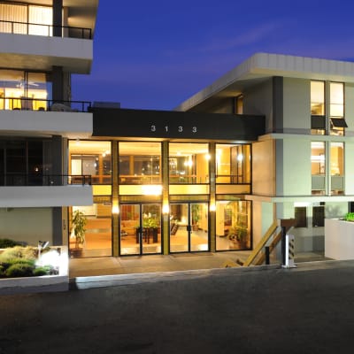 Well-lit entrance at Skyline Terrace Apartments in Burlingame, California