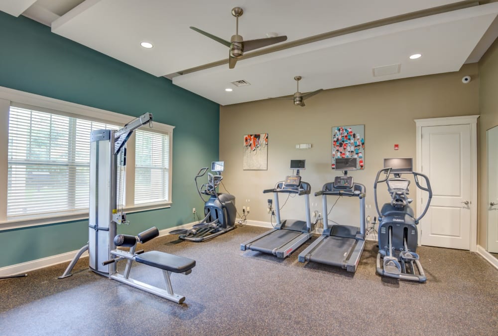 Exercise equipment in the fitness center at Canal Crossing in Camillus, New York