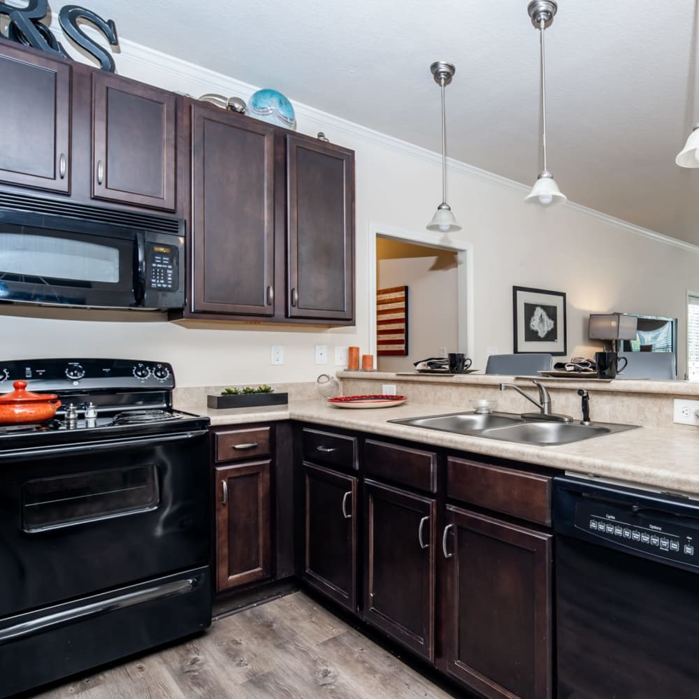 Black appliances and dark wood cabinets in an apartment kitchen at Riverstone in Macon, Georgia