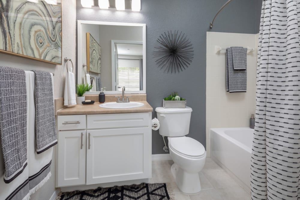 Model bathroom with large vanity mirror at Mezza in Jacksonville, Florida