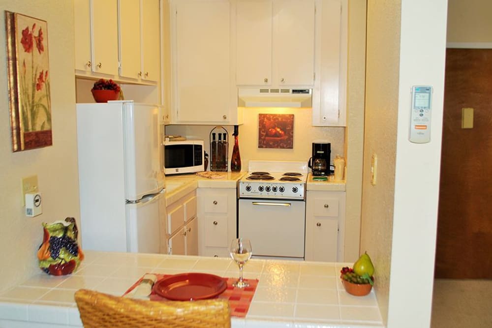 Modern kitchen area at Roseville Commons Senior Living in Roseville, California
