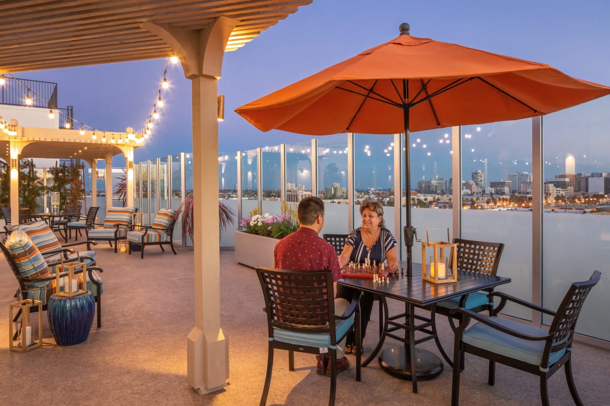 View of the city from the terrace atop Regency Palms Long Beach in Long Beach, California