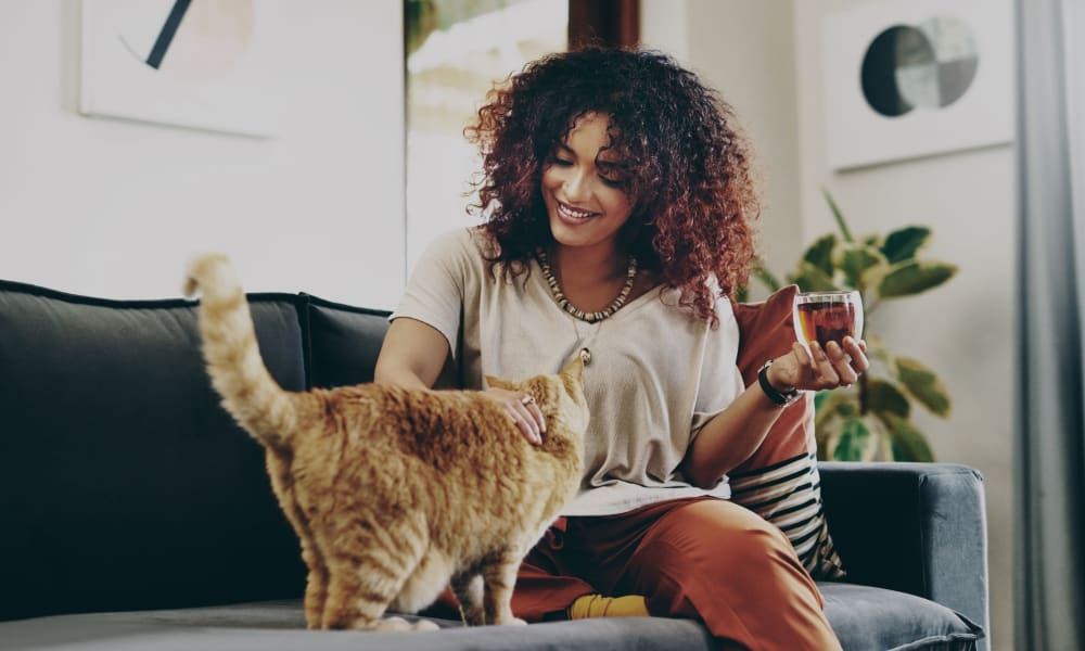 Resident with cat on couch enjoying a glass of wine at River Villas in Palmyra, New Jersey