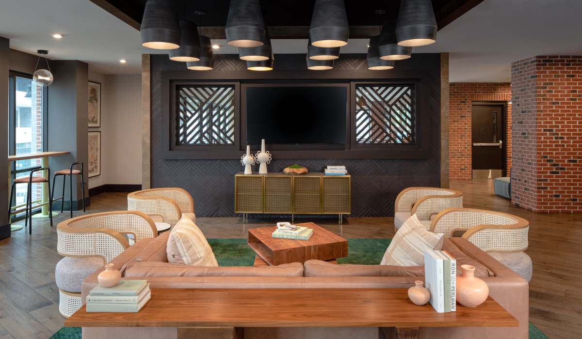 Modern decor and lounge area in the clubhouse at Venable Durham Apartments in Durham, North Carolina