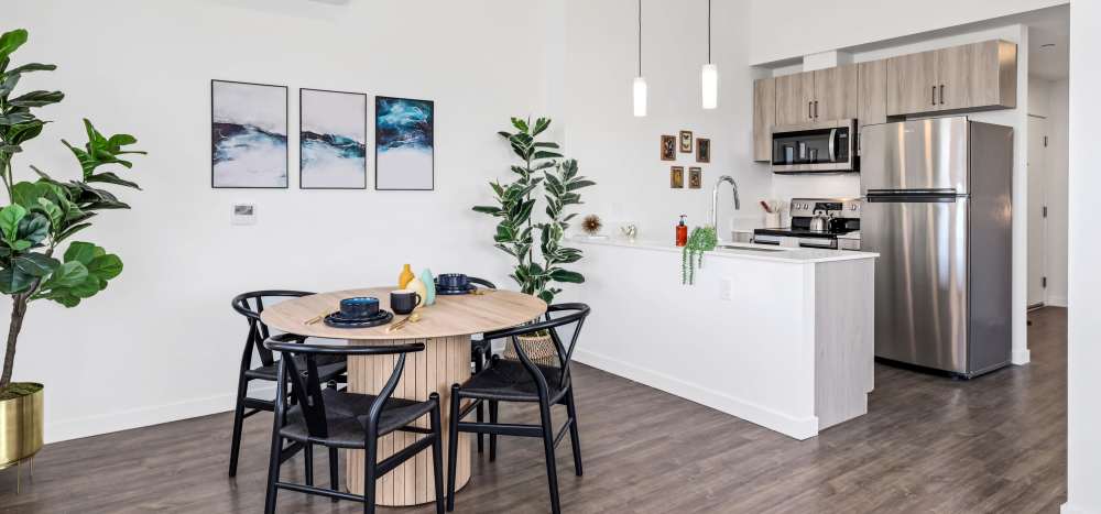 A view of the kitchen showing stainless steel appliances at Allegro in Lynnwood, Washington 