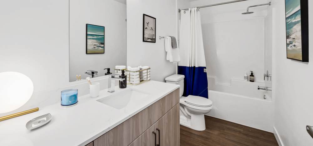 Bathroom with a shower and a tub at Allegro in Lynnwood, Washington 
