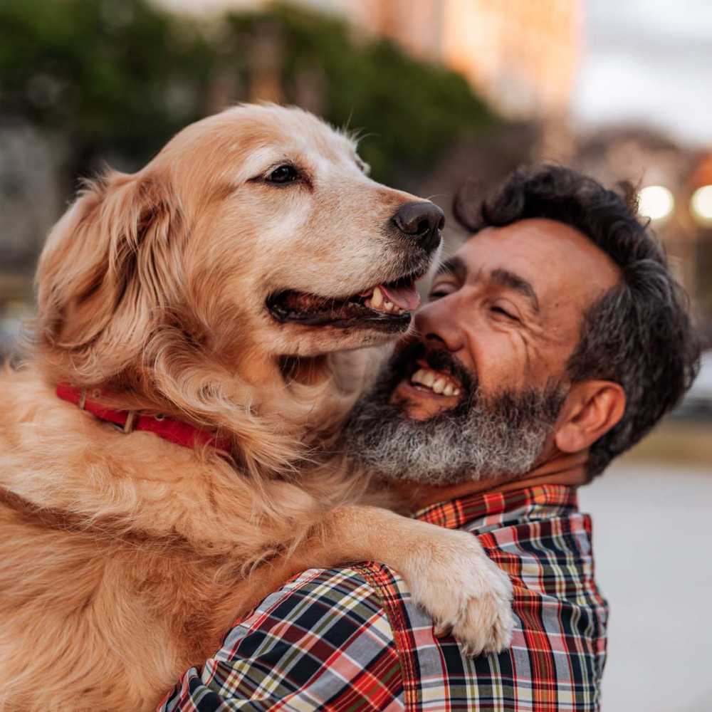 Man smiling while holding a golden retriever in a pet-friendly outdoor space at Westwood Bluffs in Fresno, California