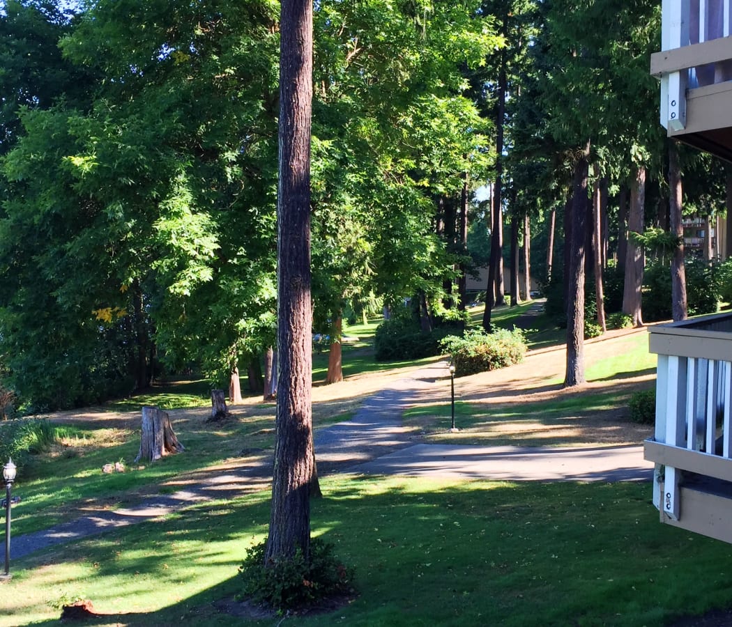 Well landscaped grounds surround Surprise Lake Village in Milton, Washington
