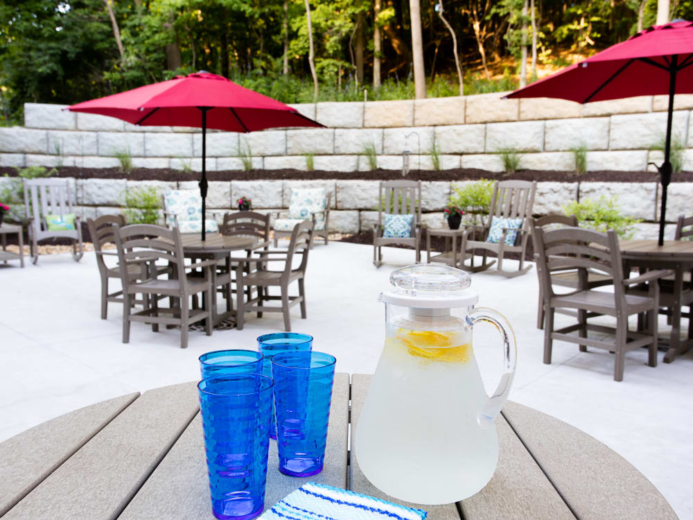 Lemonade pitcher and glasses sitting on a table at Serenity in East Peoria, Illinois