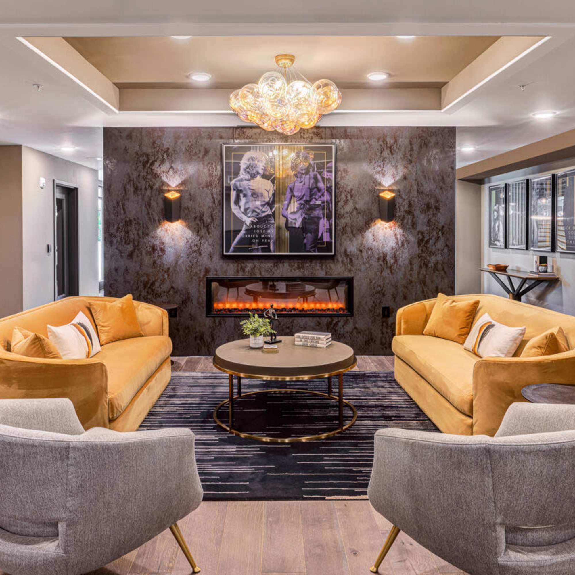 Lobby seating with fire place at Xander on State in , Ohio
