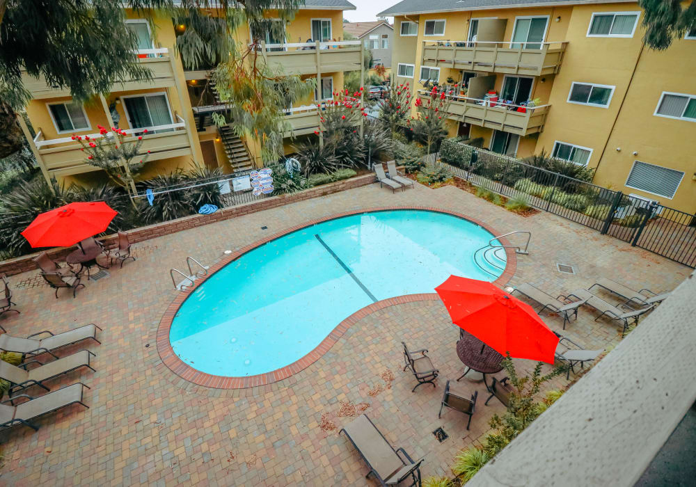 Aerial view of the pool at Bayfair Apartments in San Lorenzo, California