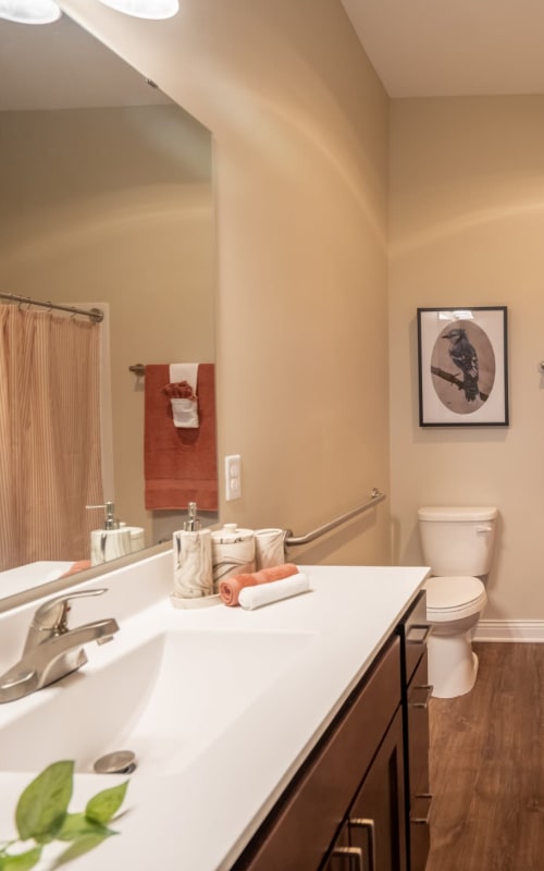 Apartment bathroom with large mirror at The Pillars of Hermantown in Hermantown, Minnesota