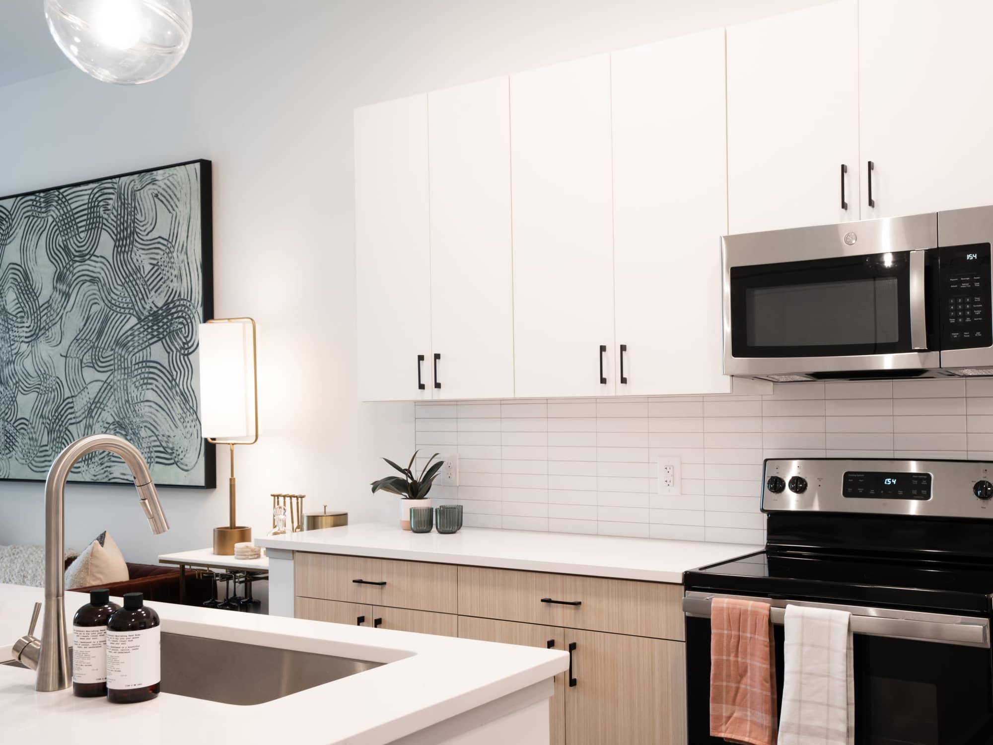 Tile backsplash and quartz counters in a home at Terrazzo in Durham, North Carolina