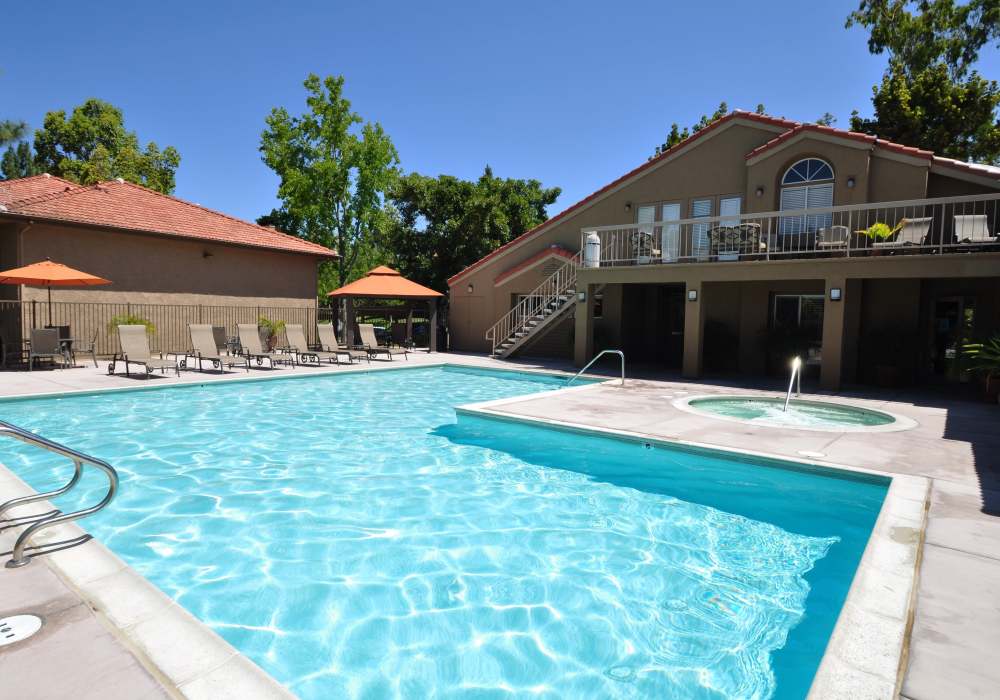 Pool with view of apartment at Shadowridge Summerwind in Vista. CA