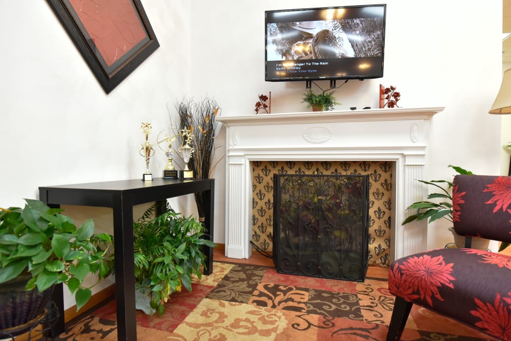 Elegant lounge seating complete with fireplace at Garden Place Waterloo in Waterloo, Illinois. 