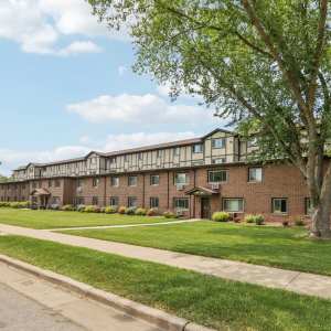 Exterior of apartment building at Woodfield Heights Apartments in Waukesha, Wisconsin