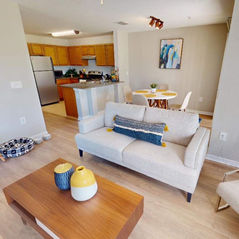Bright open layout featuring wood-style flooring, modern kitchen with stainless steel appliances, and cozy living area at The Reserve at Brookhaven in Palm Coast, Florida