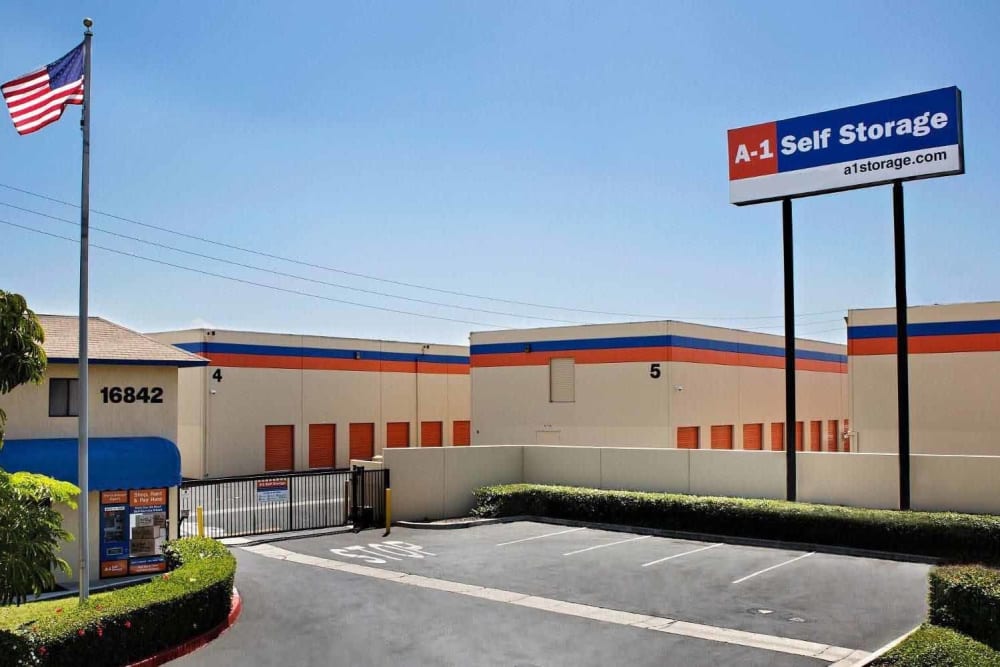 Roadside view of A-1 Self Storage in Fountain Valley, California