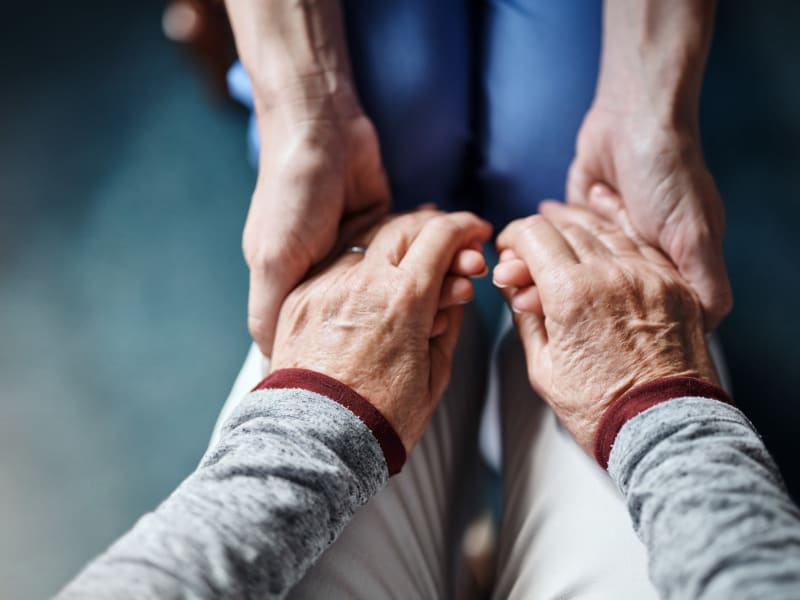 Caretaker sitting and holding hands with a resident in hospice care at Ingleside Communities in Mount Horeb, Wisconsin