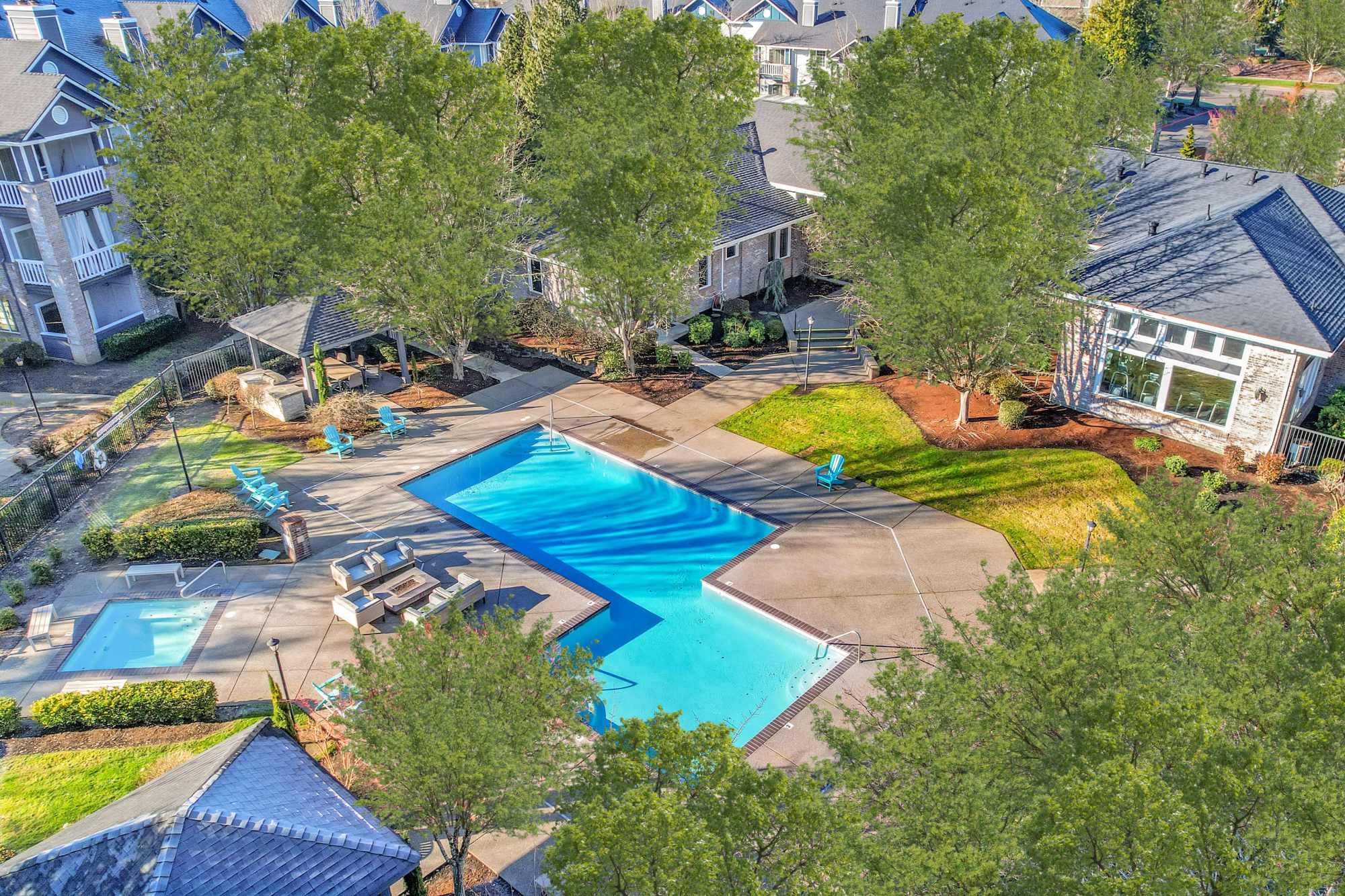 Aerial view of the swimming pool at The Grove at Orenco Station in Hillsboro, Oregon