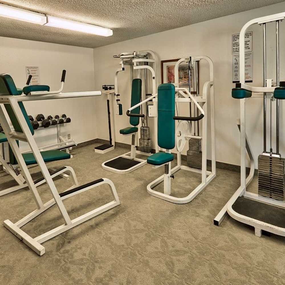 Fitness center with carpet flooring at Carondelet in Los Angeles. CA