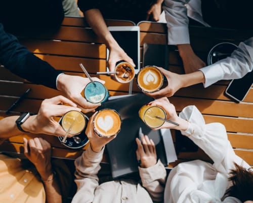 Residents gather for coffee near University Lofts Downtown, Jonesboro, Arkansas