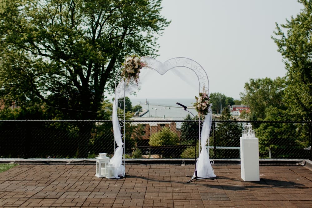 Wedding heart archway at The Whitcomb Senior Living Tower in St. Joseph, Michigan