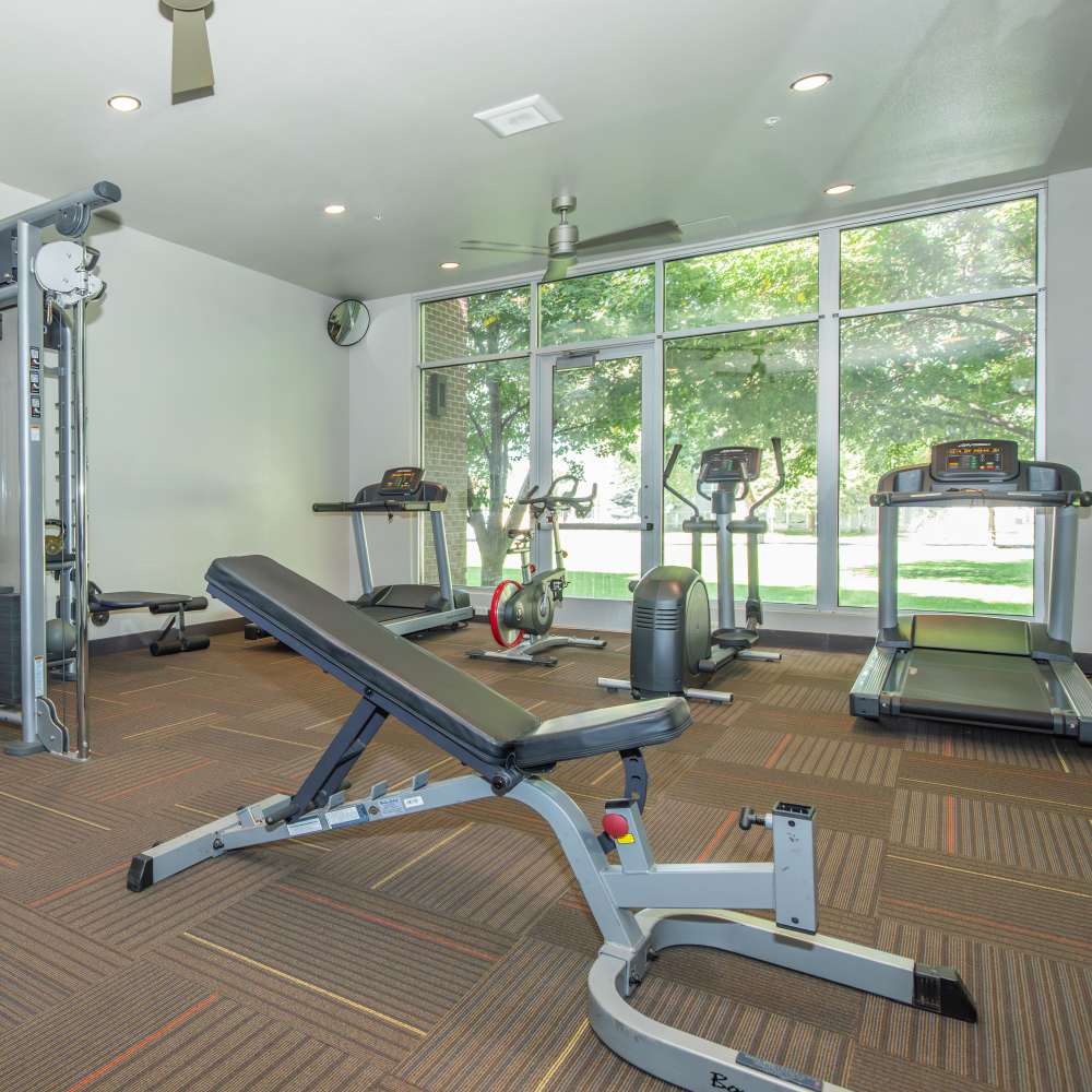 Fully-equipped fitness center at Park Place Olde Town Apartments in Arvada, Colorado